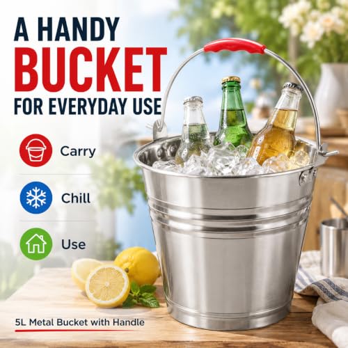 Healeved 5L Stainless Steel Bucket with Handle 9.4-Inch Round Pail | Red Grip Handle, For Ice Chilling, Beverage Service, Kitchen Carrying and Outdoor Utility Use