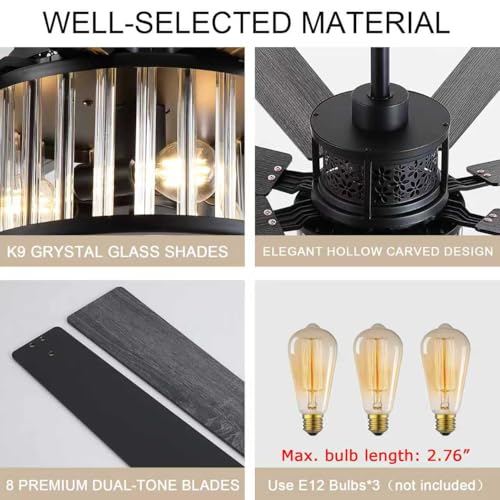NKPU 52 Inch Farmhouse Crystal Ceiling Fans with Lights and Remote, Chandelier Industrial Ceiling Fan with Dual 8 Blades, 6 Speed Reversible Motor, Timing, Black Ceiling Fan for Living room Bedroom - color: Black-288