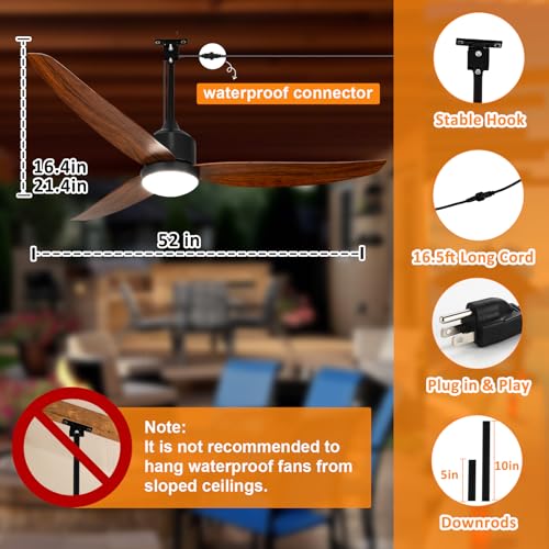 Depuley Outdoor Ceiling Fan with Light: 52 Inch Gazebo Fan Outdoor Hanging - Plug in Fan for Patio Waterproof - Dimmable Fans with Lights Remote App Control - Walnut - color: Walnut 01, size: 52 Inch