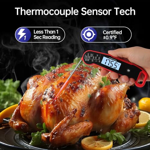 Lonicera Instant-Read Meat Thermometer, 1-Second, IP67 Waterproof, Red | Thermocouple sensor delivers readings in 1 second with ±0.9°F accuracy, plus IP67 waterproofing, auto-rotate and wake - color: RED