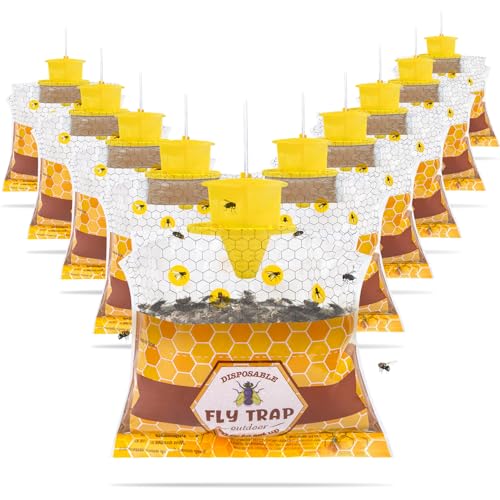 Disposable Hanging Fly Traps Outdoor Bags with Dissolvable Bait-10 Pack | 30g Pre-Baited Fly Hunter for Flying Insects, Weatherproof Outdoor Fly Bags, Fly Catcher for Chicken Coop Barn Ranch Farm - size: 10 Packs