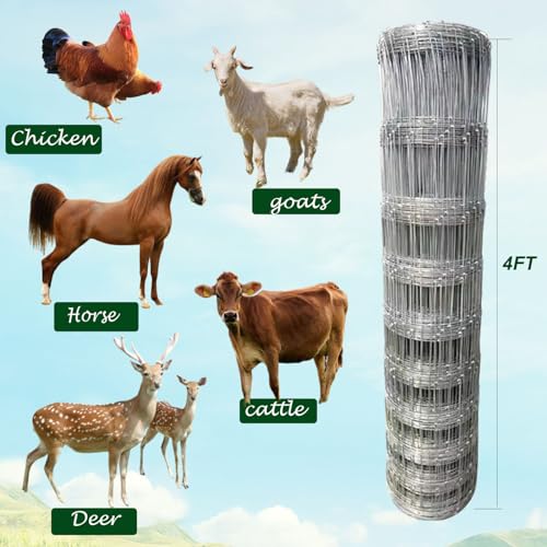 4ft x 164ft Galvanized Wire Fencing, Goat, Sheep & Deer, Durable Chain Link Fence, Heavy Zinc Coating Wire Used to Hog Goat Fencing for Yard Garden and Field