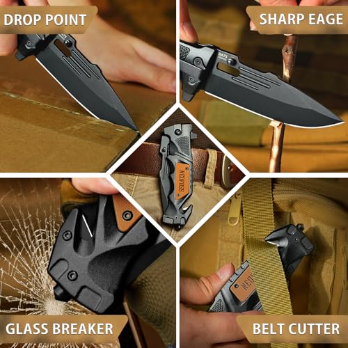 NedFoss Pocket Folding Knife DA75 Mini, 3 in 1 Pocket Knife Gifts for Men | 2.95 Inch Survival Knife w/ Liner-Lock, Seat Belt Cutter, Glass Breaker, Hunting knife for Camping, Christmas Gift for Women - color: Black-Mini2.95“