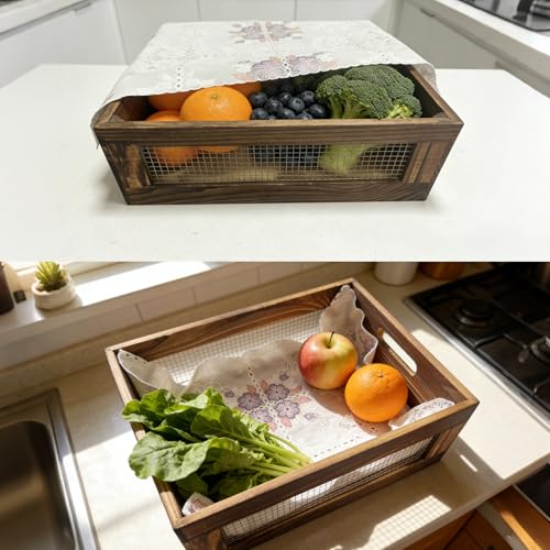 Set of 3 Wooden Crate For Kitchen Counter, Small Wood Storage Basket | Rustic Nesting Wood Organizer Box, Decorative Crates for Display, Pantry Countertop, Fruit, Vegetable, Include 3 Fabric Mats