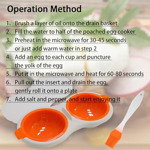 2 Cavity Microwave Egg Poacher, Microwavable Poached Egg Cooker with Lid & Handle Double Layer Microwave Egg Poacher Boiled Eggs Maker Poached Egg Cup for Breakfast with Oil Brush