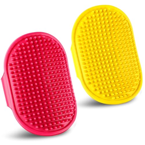Dog Grooming Brush, Pet Shampoo Bath Brush Dog Grooming Shedding Brush Soothing Massage Rubber Comb with Adjustable Ring Handle for Long Short Haired Dogs and Cats 2pcs - color: Red & Yellow