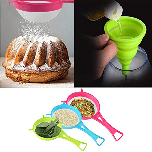 BENBO 4Pcs Plastic Mesh Strainer Colander Set, Food Soy Milk Flour Sieve Plastic Colander Strainer with Long Handle Icing Sugar Sifters Fine Strainer Tea Filter and Silicone Foldable Funnel