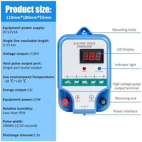 Electric Fence Charger for Livestock - 12 kV 3 Joules High-Power Electric Fence Energizer for Containing Pets Livestock and Preventing Wild Animals Intruding (7.08in)