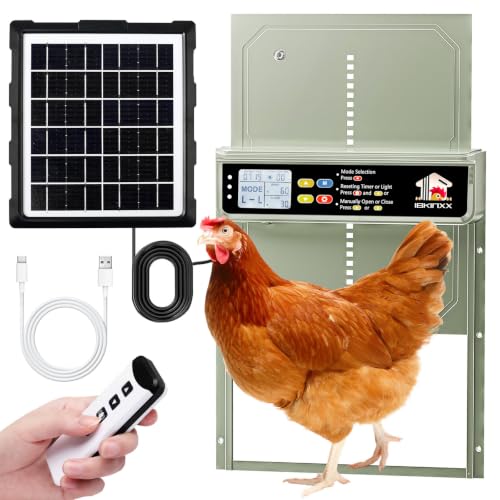 Automatic Chicken Coop Door Solar Powered with Timer, Light Sensor, Remote Control Manual Mode, LCD Display, Aluminum Alloy 4 Auto Modes Wide Size Chicken House Door, Anti-Pinch, USB Backup, Green - color: Sage Green