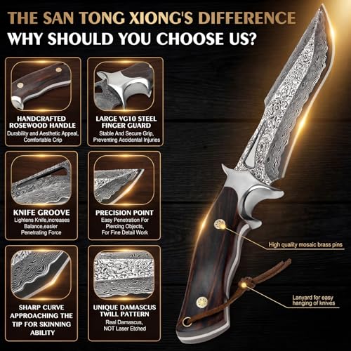Damascus Hunting Knife 10.4" Fixed Blade VG10 Leather Sheath | 513-layer hand-forged bowie construction with ergonomic rosewood handle for outdoor camping and survival - style: Damascus Steel-2