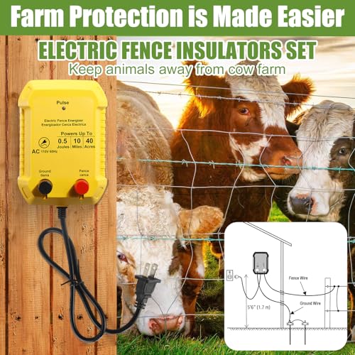 Electric Fence Kit, 0.5j Charger 3366ft Wire 60 Insulators | 5 Mile 110V Plug in Electric Fence, Polywire for Livestock Horse Cattle Poultry, T Post Screw Insulators, Farm Pasture - size: 3366FT, style: 0.5J