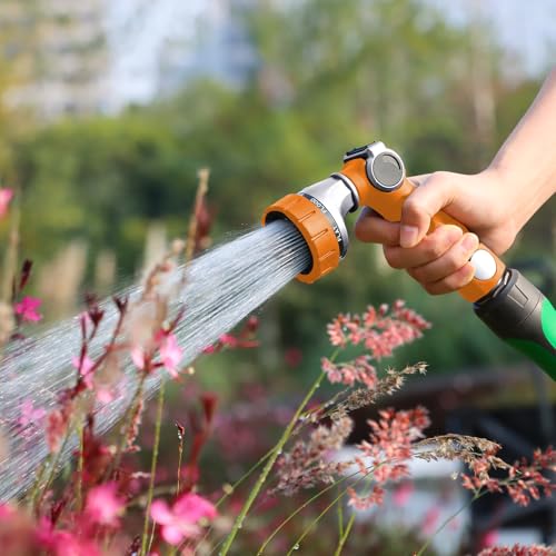 RESTMO Heavy Duty Hose Nozzle, Metal Garden Water Hose Sprayer | 7 Watering Patterns, Thumb Control, On Off Valve, Leak Proof Nozzle Sprayer for Watering Plants, Car & Pet Washing, Orange - color: Orange