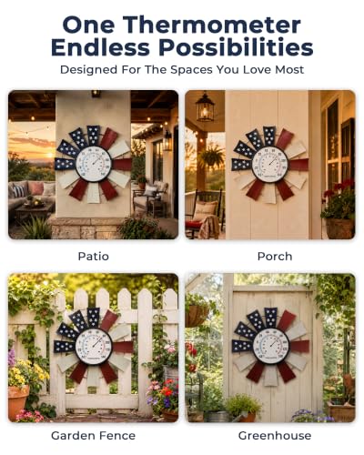 Patriotic Windmill Outdoor Thermometer, 13" Metal Wall Decor | 6.3" Easy-Read Dial, Auto-Calibrating Sensor Coil, Battery-Free Operation, -40°F to 140°F Range, Weather-Resistant