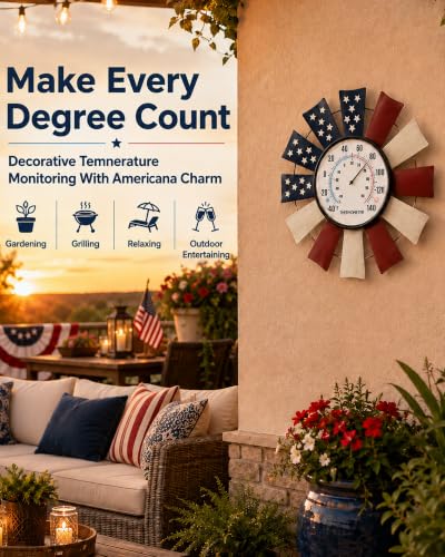 Patriotic Windmill Outdoor Thermometer, 13" Metal Wall Decor | 6.3" Easy-Read Dial, Auto-Calibrating Sensor Coil, Battery-Free Operation, -40°F to 140°F Range, Weather-Resistant