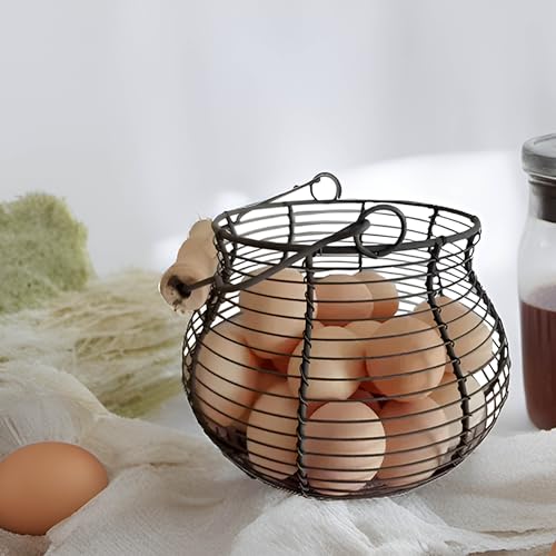 LINCOUNTRY. Farmhouse Wire Egg Baskets for Gathering Fresh Egg With Handle | Famhouse vintage rustic Round Metal Chicken Egg Collecting Basket Countertop Holder Vintage Style for Kitchen
