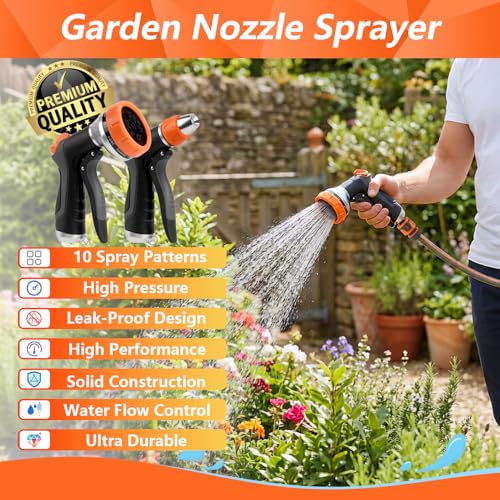 2 Pack Garden Hose Nozzle High Pressure 10 & 2 Water Hose Nozzle | Rust-Proof Thumb Flow Control, Leak-Proof 3/4" NH Fitting, Ideal for Car Washing, Lawn Watering, Garden Care & Patio Cleaning