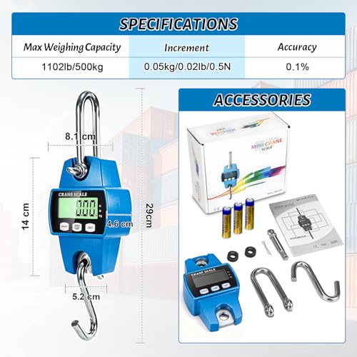 Digital Hanging Scale, 1100lb/500kg Crane Scale | Small Crane Scale with LCD Display and Hooks, Aluminum Alloy Body for Hunting, Outdoor, Fishing, Farm (Blue) - color: Blue-1100lb