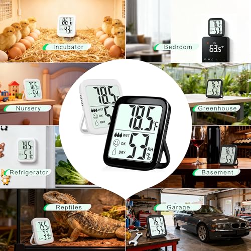 Antonki 2 Pack Room Thermometer Indoor Hygrometer | Monitor Temperature & Humidity, Accurate, Fast Read, Easy To View, Magnetic/Kickstand/Hanging, ℉/℃, w/ Battery, Compact - color: 2 Pcs* Black & White
