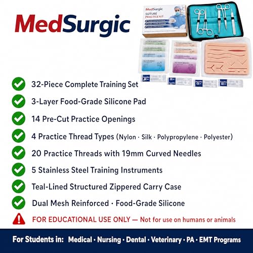 Suture Practice Kit for Medical & Vet Students –Suturing Kit with 3-Layer Silicone Suture Pad, 14 Pre-Cut Wounds, Sutures, Surgical Training Tools & Carry Case