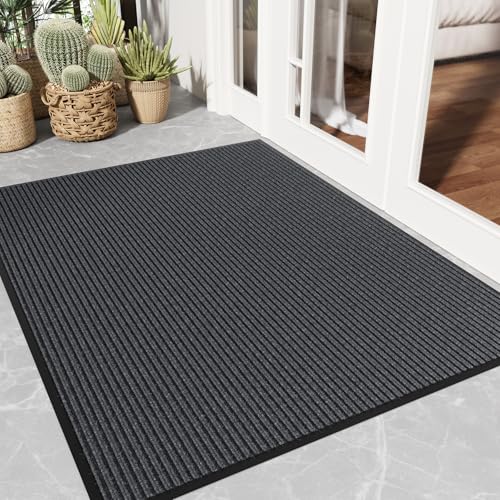 Front Door Mat Outside Entrance, 3' x 4' Low Profile Non-Slip Welcome Mat, Heavy Duty Dirt Trapper Dog Door Mats for Wet Shoes & Paws, Absorbent Commercial Floor Mat for Entryway Patios, Grey - color: Grey Striped, size: 3' x 4'