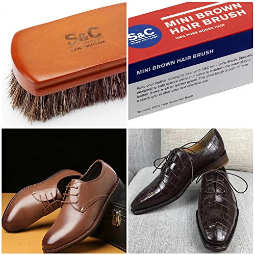 Mini 4" Shoe Brush - Portable Horse Hair Brush w/Natural Wood Handle - Soft Bristle Shoe Polish Brush for Cleaning, Buffing & Polishing Leather Shoes - Travel-Friendly Size Boot Brush - color: Brown
