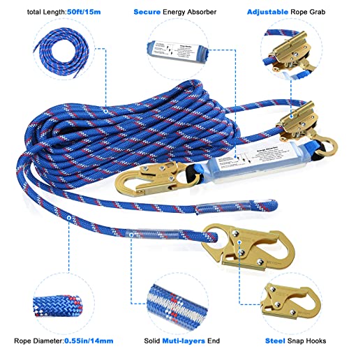 100FT Vertical Lifeline Assembly Fall Protection Rope | With Two Rope Grab Snap Hooks, Shock Absorber，Safety Climbing Equipment Roofing Safety Kit, CE ANSI - size: 100FT