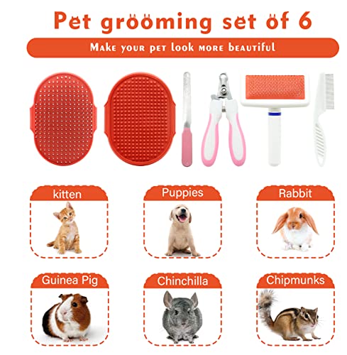 Cat Grooming Kit Set with Pet Shedding Slicker Brush Nail Clipper Trimmer Pet Massage Bath Glove Flea Comb for Bunny Puppy Kitten Guinea Pig Chinchilla Ferret Small Animals (Red, Pink) - color: Red, Pink