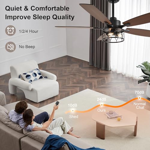 52" Farmhouse Ceiling Fan with Lights Remote Rustic Ceiling Fan | Caged Black Fandelier Industrial Chandelier Light for Bedroom Living Room, Reversible 6 Speeds, 3 E12 Bulbs (Not Included) - color: Black, size: 52 Inch