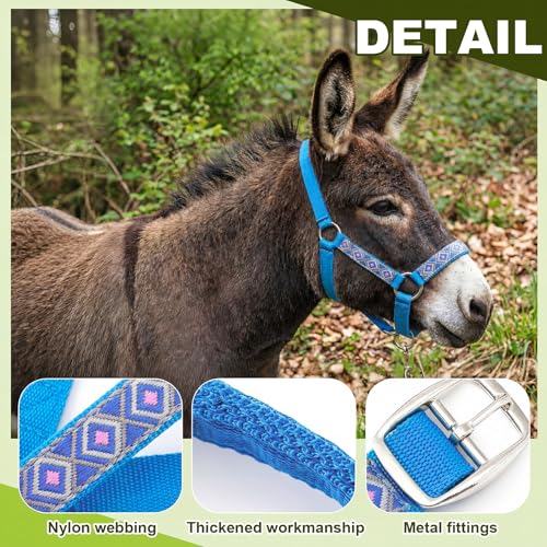 1 Set Mini Donkey Halter with Lead Rope Adjust, Lake Blue | Nylon Head Collar, Cute and Stylish, for Miniature Donkey and Small Equines, Farm Ranch Pasture Outdoor, Gingham Plaid Trim - color: Lake Blue