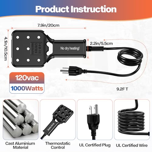 800W Smart Electric Pond De-icer – Rapid Melt for Large Ponds & Horse Troughs, Auto On/Off, 9ft UL Cord, IPX8 Waterproof, Heavy-Duty Farm & Pond Heater