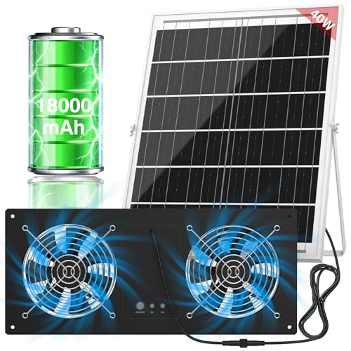 40W Solar Fan with Battery & Timer for Chicken Coop, Greenhouse & Shed | 3500RPM High-Speed Solar Powered Fan, Low Noise IP65 Waterproof Exhaust Fan for Outdoor, Pet House & Window - size: 16 inches