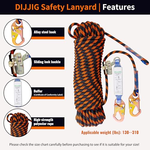 Rope Harness Safety Lanyard 50ft Vertical Roofing Rope With Grab Snap Hooks | Shock Absorber Fall Protection Tree Climbing Line Kit Heavy Duty Roof Safety Equipment ANSI CE - size: 50ft