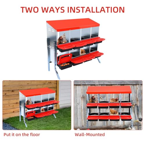 Chicken Nesting Box, 8-Hole Wall Mount Metal Chicken Nesting Box with Rollout Egg Collection & Easy-Clean Pull Out Tray, Roll Away Hen Roosting Boxes - color: Red