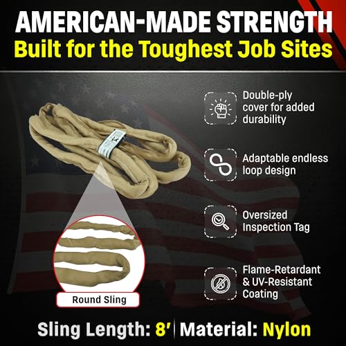 VR4 8ft Tan Endless Round Polyester Rigging Sling | USA Made, Double-Ply Cover, for Lifting & Material Handling, Capacity: 10,600 lb Vertical, 8,500 lb Choker, 21,200 lb Basket - size: 8 ft