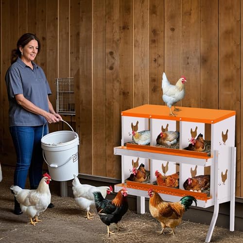 Garvee Chicken Nesting Box, 6 Compartment Nesting Boxes for Chickens, Easy to Clean and Install, Chicken Laying Boxes for Chicken Coop to Protect Eggs - with Bracket Legs, Orange - color: orange, size: 46.1"L x 17.3"W x 8.5"H
