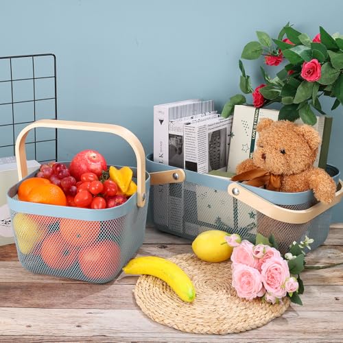 2 Pack Garden Harvest Basket, Metal Mesh Wire Picnic Basket with Handle | for Picnic, Vegetable Gathering, Fruit Picking, Kitchen Storage, Blue, Sturdy, Lightweight, Home Closet, Office, Gift. - color: Blue