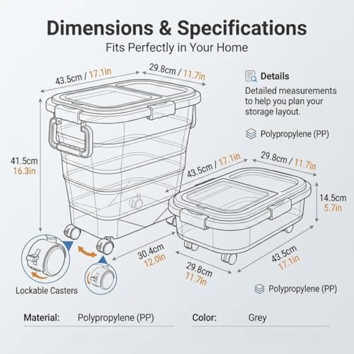 Collapsible Pet Food Storage Container, Airtight Dry Kibble Container with Detachable Wheels and Handle Storage Bin, Foldable Dog Cat Food Holder for Pantry Organization, 22-24 lbs