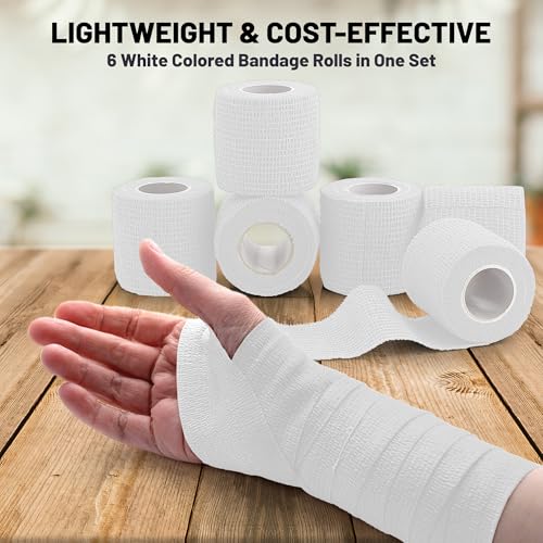 6 Pack, Self Adherent Cohesive Tape - 2” x 5 Yards, Self Adhesive Bandage Rolls & Sports Athletic Wrap for Ankle, Wrist, Knee Sprains and Swelling, Vet Wraps in White Color