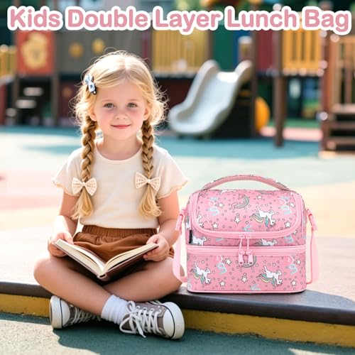 FlowFly Double Decker Cooler Insulated Lunch Bag Large Tote for Boys, Girls, Men, Women, With Adjustable Strap (Red-Unicorn) - color: Red-Unicorn