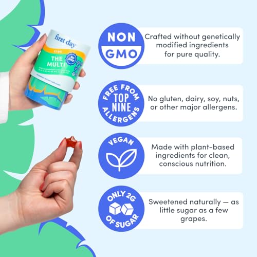 FIRST DAY Kids Multivitamin Gummies Age 4+, Strawberry & Orange - Kids Vitamins Multivitamin Gummy A C D3 K2 B1 B2 B6 B12 Folate, Immunity & Brain Function, Vegan - 60 Day Supply, Packaging May Vary
