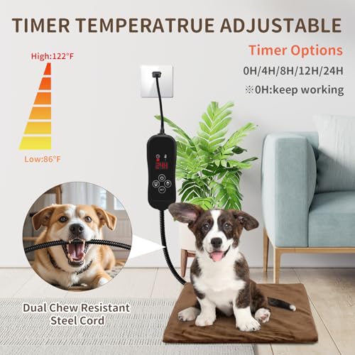 NAMOTEK Pet Heating Pad Adjustable Temperature with Timer, Waterproof Heated Mat with Chew Resistant Cord, Auto Power-Off Electric Indoor Pet Heat Pad for Dogs and Cats - size: 15"x13"