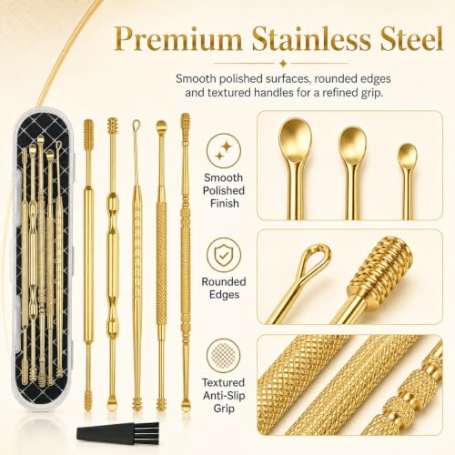 Hion 6 Pcs Extended Ear Wax Removal Kit,Professional Double-Headed Ear Pick Earwax Removal Tools,316L Stainless Steel Ear Cleaner Curette with Cleaning Brush and Storage Box,Suit for Kid Adult(Gold) - color: Gold