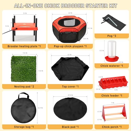 Chick Starter Kit 6-in-1 Chicken Brooder Box with 12"*12" Heating Plate | Pop-Up Chicken Brooder Playpen Tent with Chicks Feeder, Waterer, Perch & Nesting Pad for Poultry Ducks Quail Indoor Outdoor