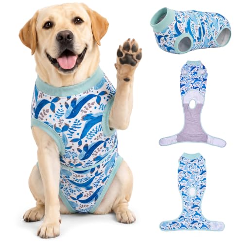 PetWarm Dog Recovery Suit After Surgery, Cone of Shame Alternatives, Anti-Licking Pet Surgical Recovery Pajamas Dog Onesie for Spay Neuter, Marine Animal Patterns, Blue, 2XL - color: White Blue, size: XX-Large