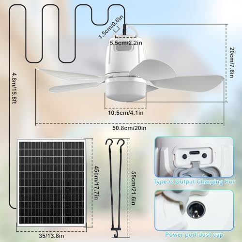 Solar Ceiling Fan 20'', 20000mAh Battery Portable Ceiling Fan with 30W Solar Powered, Remote & Hanging Hook, 3000k-6000k Dimmable Solar Fans for Outside, Tent, Gazebo, Canopy, RV, Chicken Coop