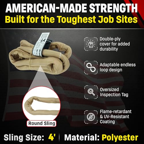 VR4 4 Foot Endless Round Lifting Sling – USA Made | Polyester, 10,600 lb Vertical, 8,500 lb Choker, 21,200 lb Basket – Double-Ply Cover, Tan Poly Round Rigging Sling - size: 4 Feet
