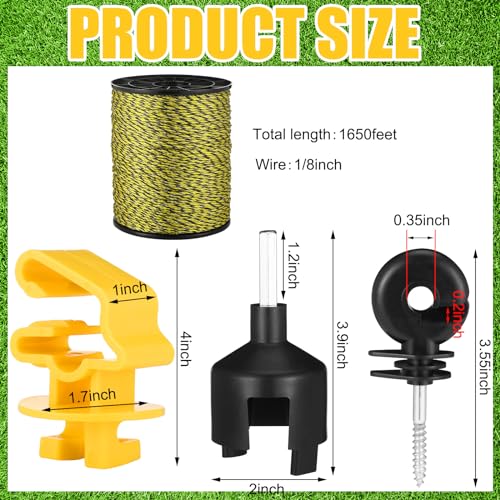 Kanayu 52 Pcs Electric Fence Kit Include 1640 ft Poly Wire 25 Black Fence Ring Insulators 25 Yellow T Post Insulators Socket Tool for Pet Animal Horse Cattle Livestock Pasture - size: 1640 ft