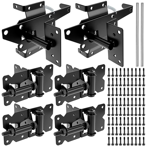 QWORK Heavy-Duty Self-Closing Gate Kit - 2 Sets, Hinges and Latch, Gate Hardware Kit, Includes 2 Latches, 4 Hinges