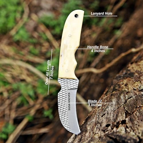 Custom Handmade 7'' fixed blade hoof rasp Hawkbill fixed blade Knife Electricians Knife Lineman’s Hawkbill knife, with pancake leather sheath (BONE) - color: BONE