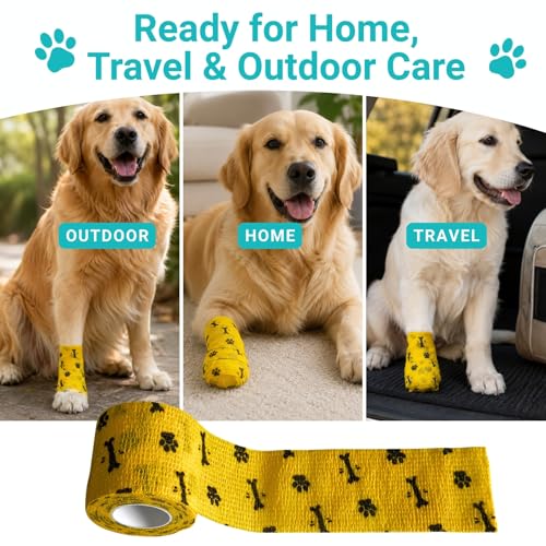 Dog Bandage Wrap, 6 Rolls 2" x 5 yd Bone Print Pet Tape | Dog wrap bandage for paw & leg care, minor wounds, hotspots, broken nails, gauze pads & licking protection - color: BO-6ROLL-2IN